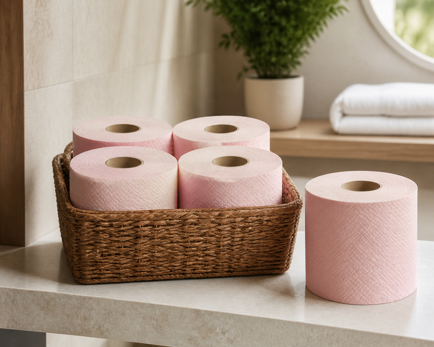 Custom colored pink toilet tissue roll