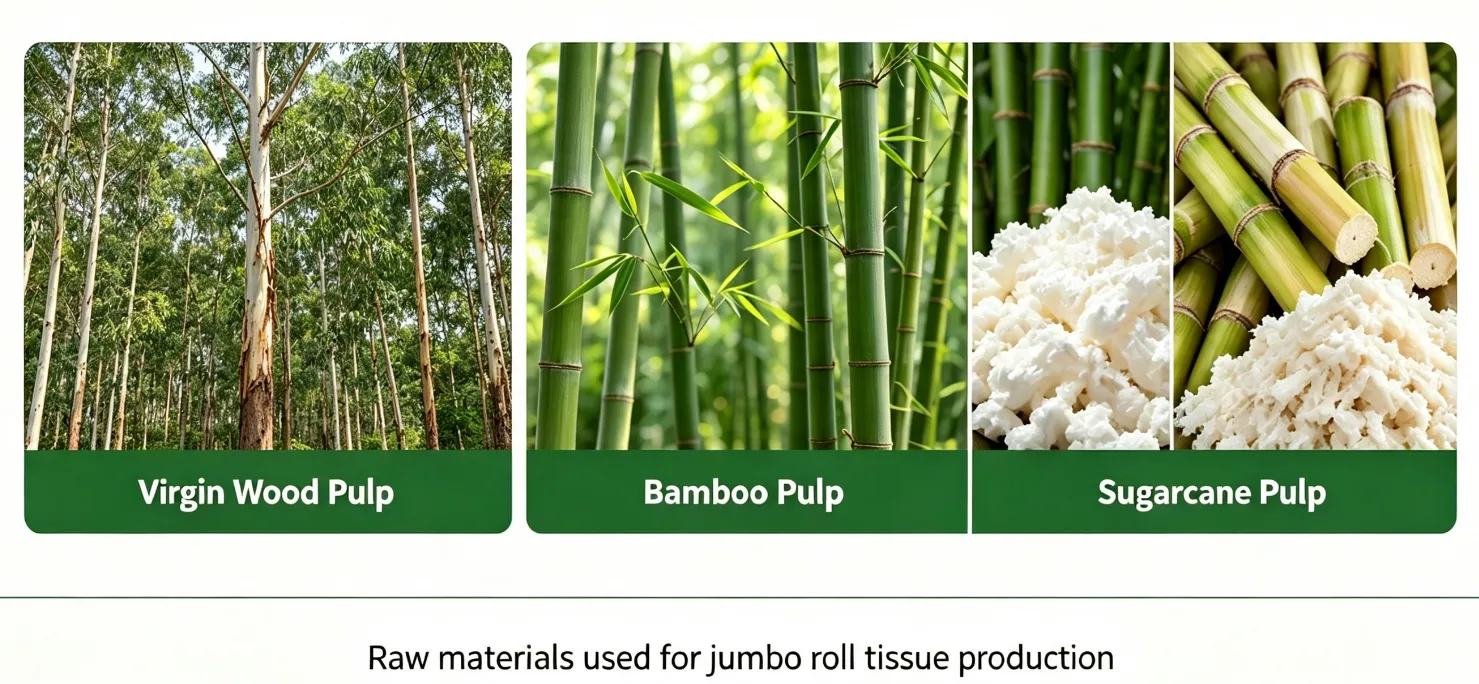 Virgin wood pulp, bamboo pulp and sugarcane pulp options for tissue jumbo rolls