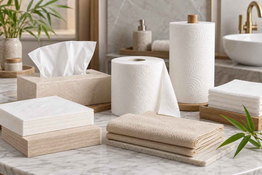 Wood pulp and bamboo tissue products including rolls napkins and towels